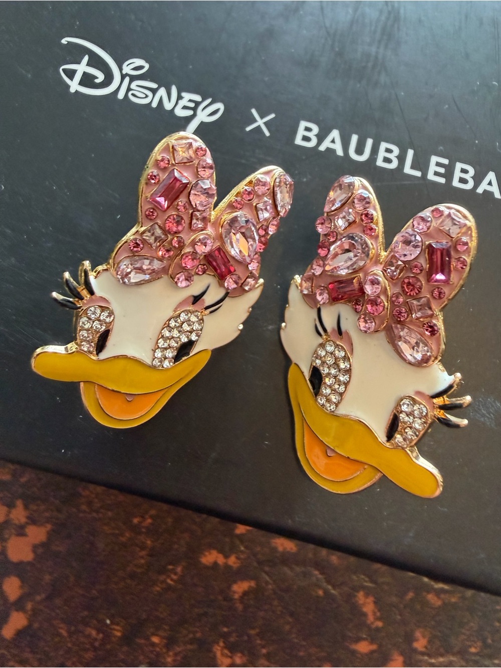 Disney x BaubleBar Daisy Duck Rhinestone Statement Earrings Pink Bow Gold Tone